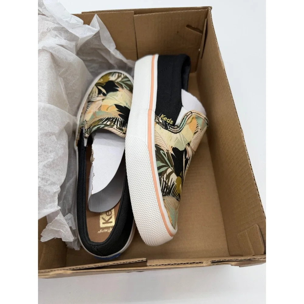 Keds Double Decker Tropical Palm Print Slip On Sneakers Black Green 5M